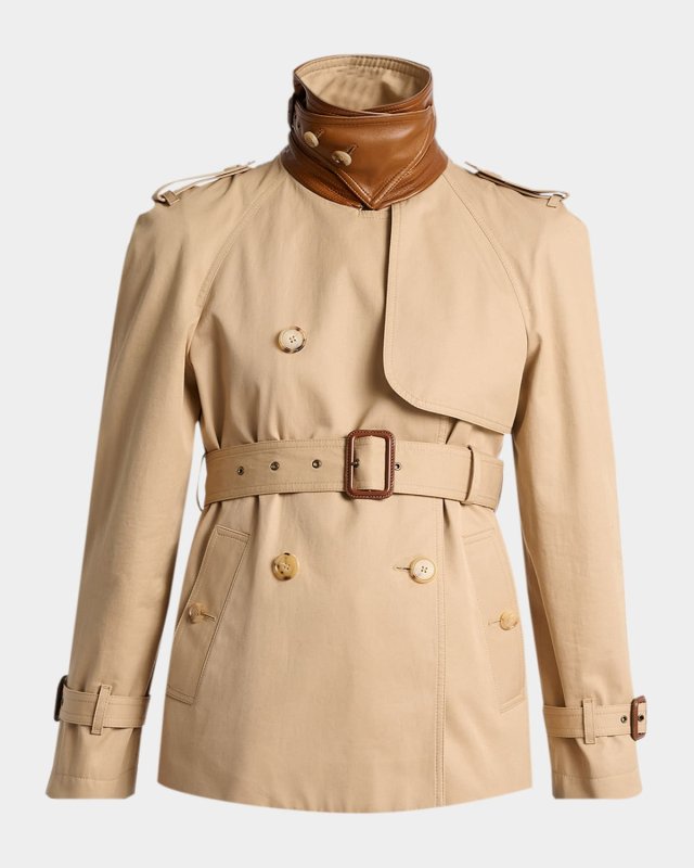 Leather-Collar Double-Breasted Short Trench Coat With Belt
